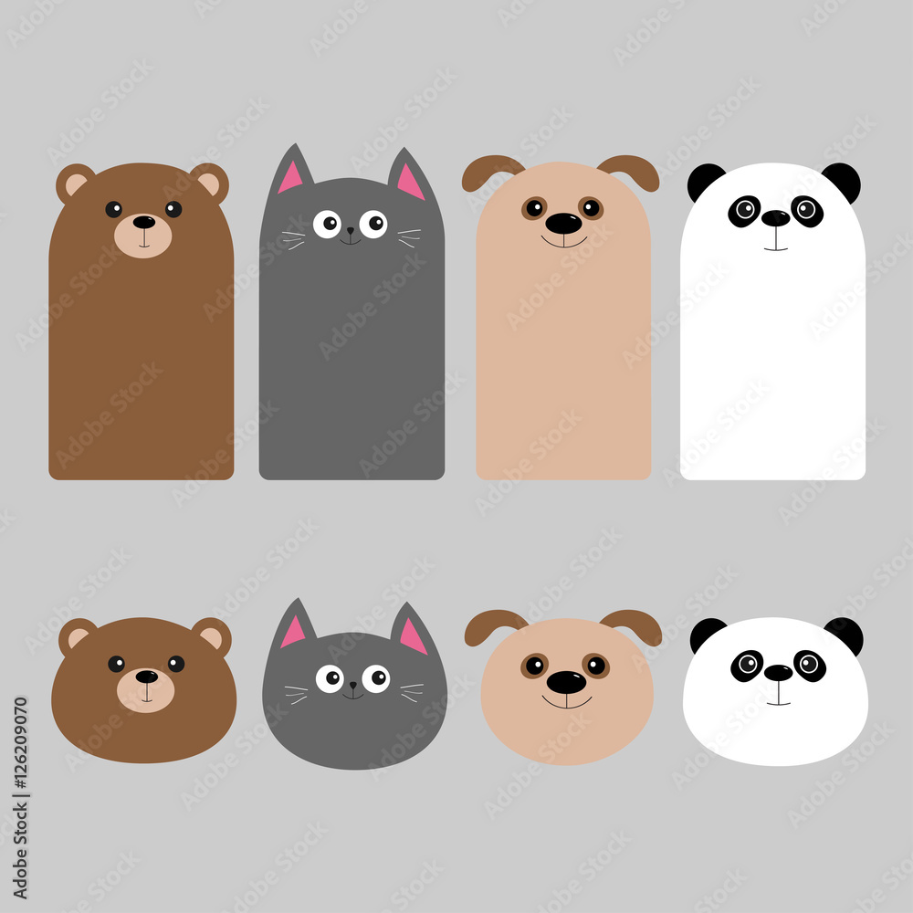 Animal head set. Cartoon kawaii baby bear, cat, dog, panda. Bookmark  sticker collection. Flat design. Gray background. Stock Vector | Adobe Stock