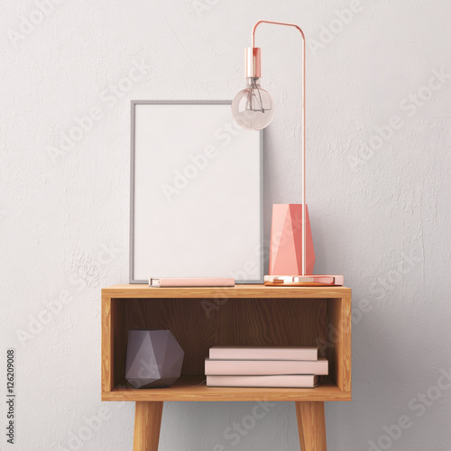 Mockup poster in the interior with a table in trendy colors. 3d