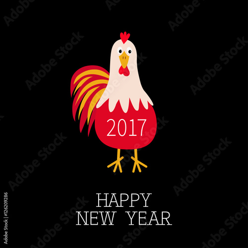 Rooster Cock bird. 2017 Happy New Year symbol Chinese calendar. Cute cartoon funny character with big feather tail. Baby farm animal. Black background. Flat design.