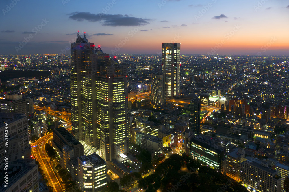 東京都市風景　夕景　夕焼け　トワイライト　マジックアワー　新宿から西南の方角を望む
