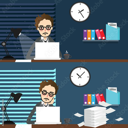 businessman working night and day over time work-place in front of laptop office