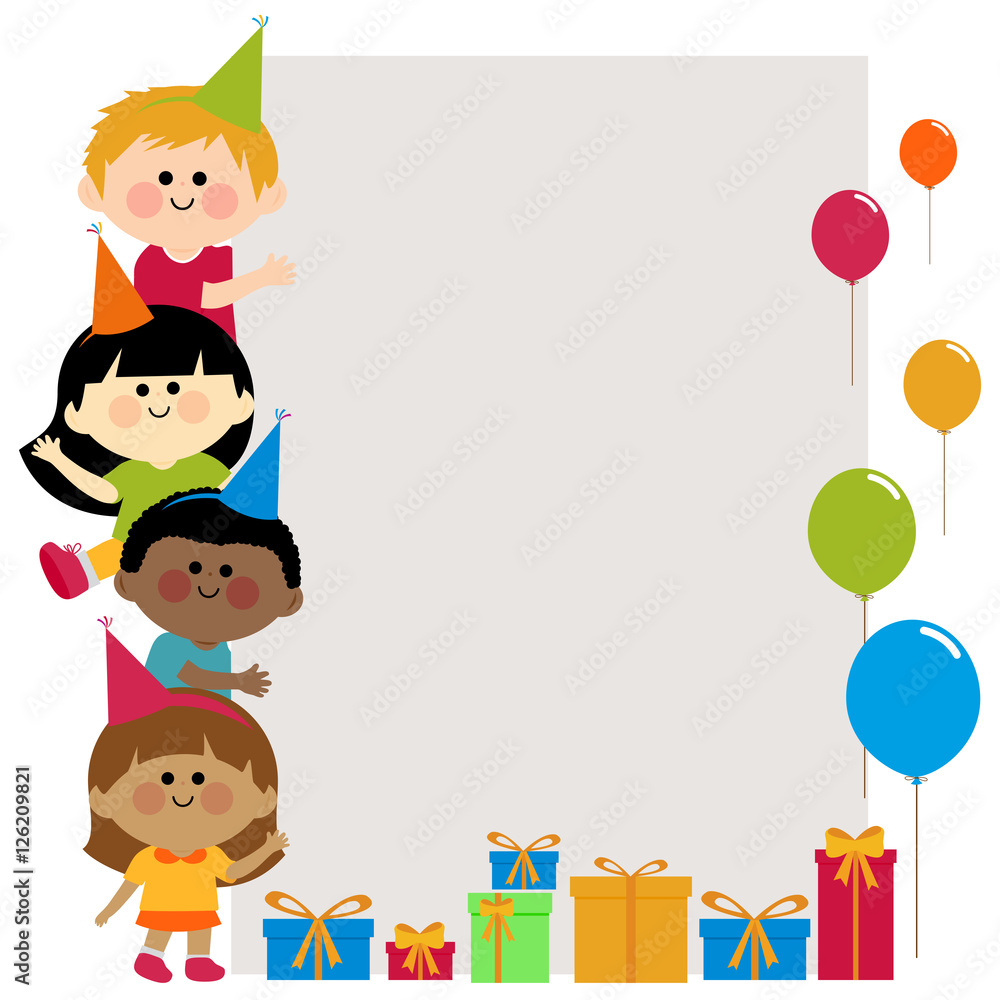 Banner with birthday party children with party hats, boxes of presents and balloons. Vector illustration Banner with birthday party children with party hats, boxes of presents and balloons. Vector illustration