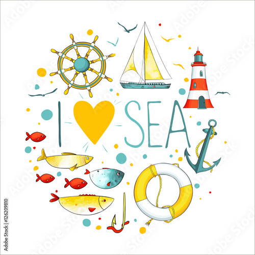 Collection of nautical elements in a circle shape.