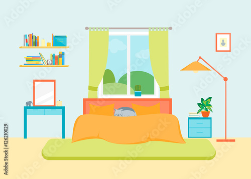 Interior Classic Bedroom with Furniture and Window. Vector