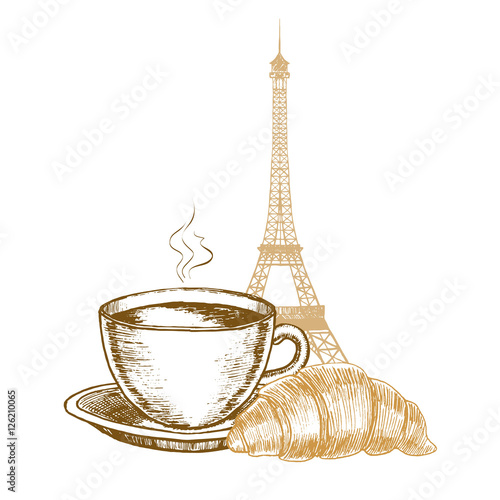Eiffel Tower, Croissant and Coffee Cup in Paris Hand Draw Sketch. Vector