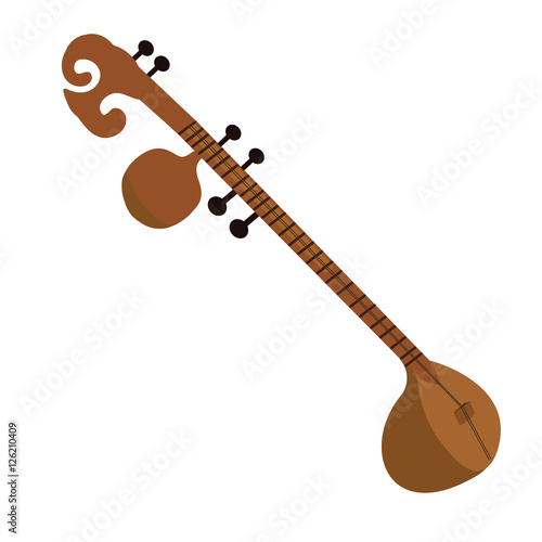 Veena is a stringed instrument. It consists of a large body hollowed out of a block of wood. The stem of the instrument is also made of wood. on white background
