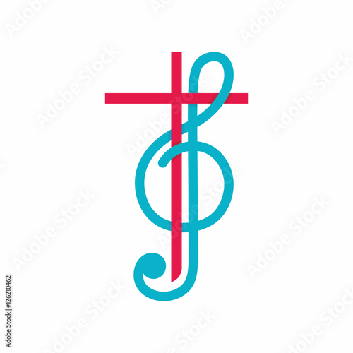 Church logo. Christian symbols. The cross of Jesus Christ and treble clef as a symbol of praise and worship to God.