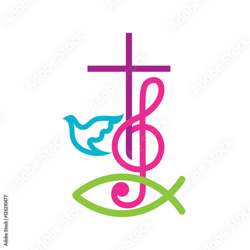 Church logo. Christian symbols. The cross of Jesus Christ and treble clef as a symbol of praise and worship to God.