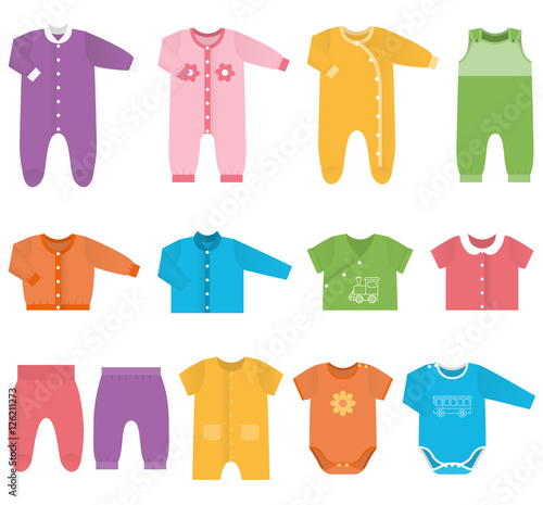 Set children's clothes for baby boys and girls in flat style. Collection of colorful clothing on white background. Isolated objects. Vector illustration.