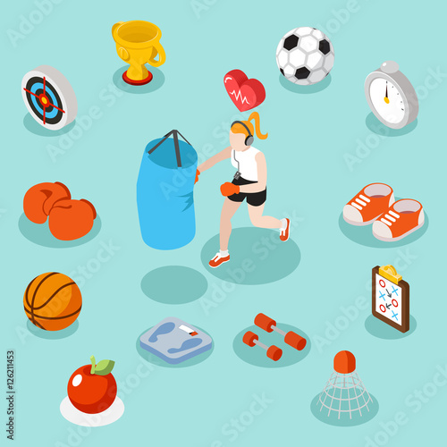 Isometric sport lifestyle and fitness flat 3d vector concept