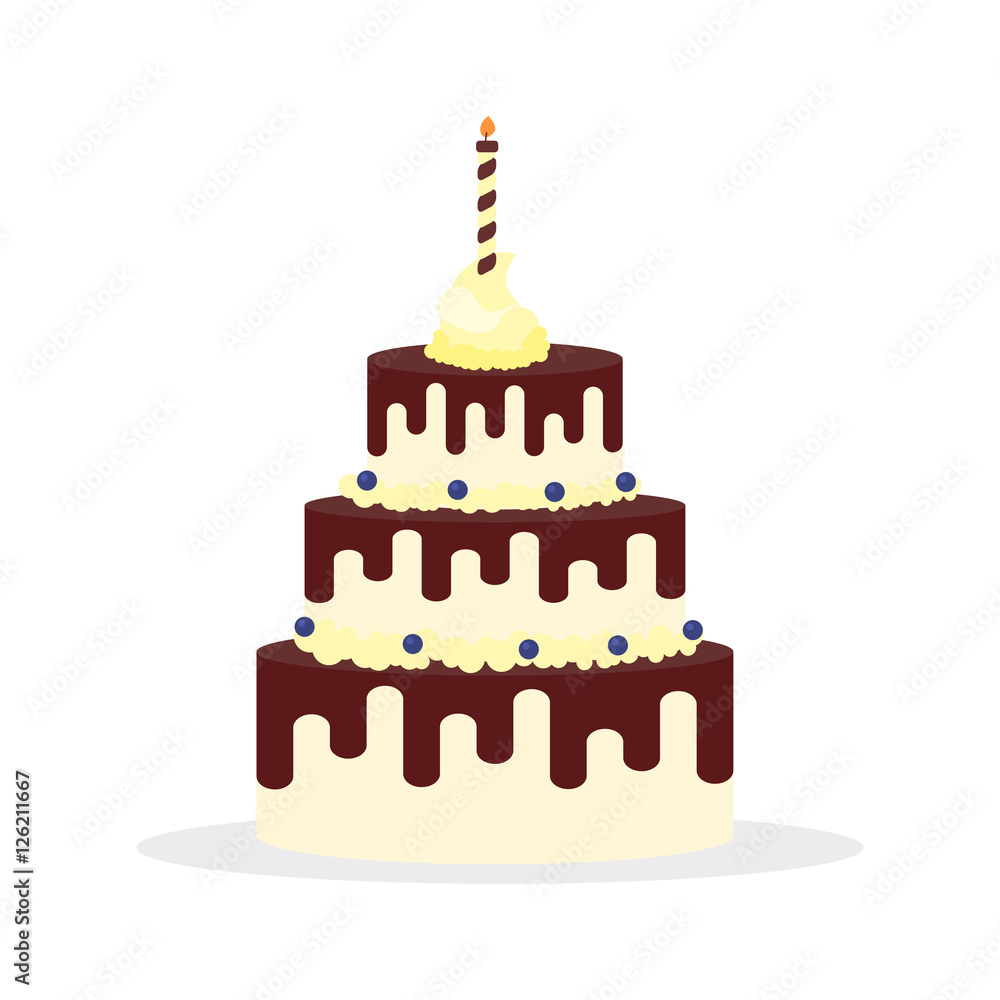 Tasty cake with chocolate cream and candle for birthdays, weddings, anniversaries and other celebrations. Vector illustration of a flat design isolated on white background Tasty cake with chocolate cream and candle for birthdays, weddings, anniversaries and other celebrations. Vector illustration of a flat design isolated on white background