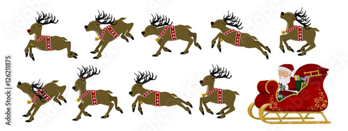 Set of santa and his reindeer on transparent background. Easy to arrange your own composition    