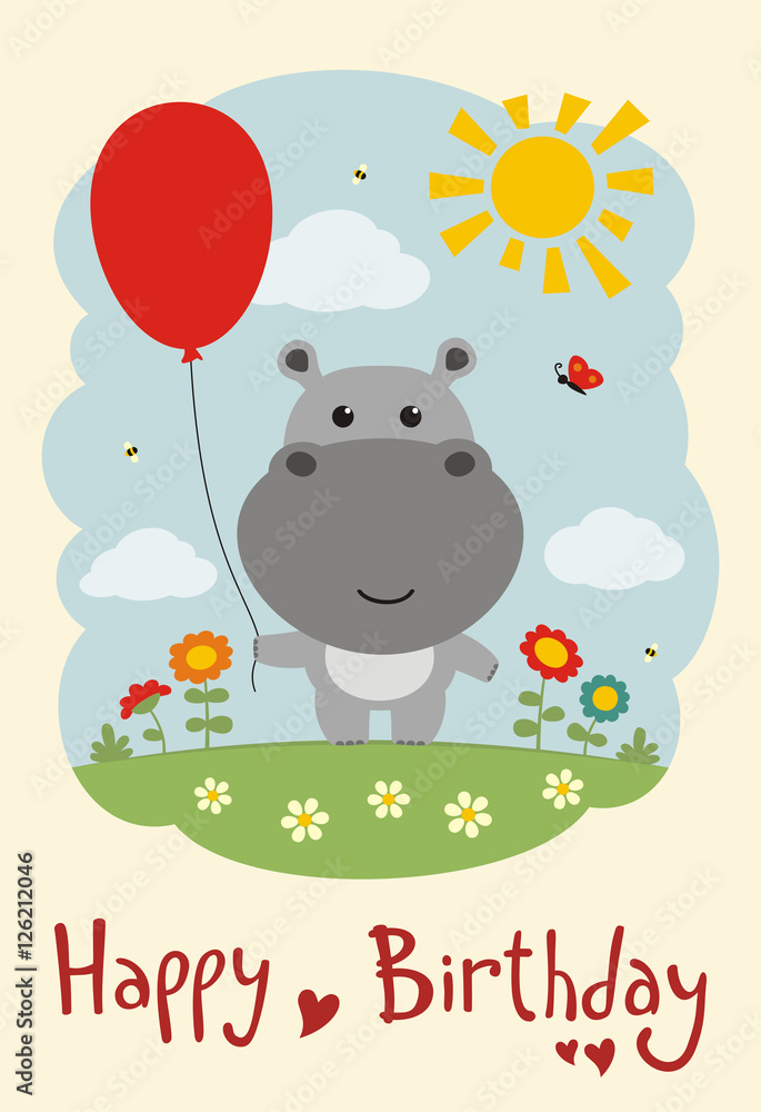Happy birthday! Funny hippo with balloon on flower meadow. Card in cartoon style. Happy birthday! Funny hippo with balloon on flower meadow. Card in cartoon style.
