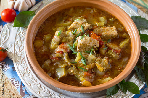 Traditional Georgian hot ragout with meat and vegetables (eggpla