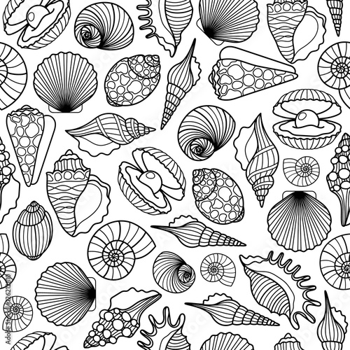 Hand drawn sea shells black vector seamless pattern. Seashells texture background