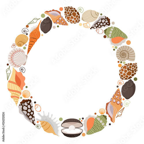 Marine life wreath or sea shells vector frame on white background