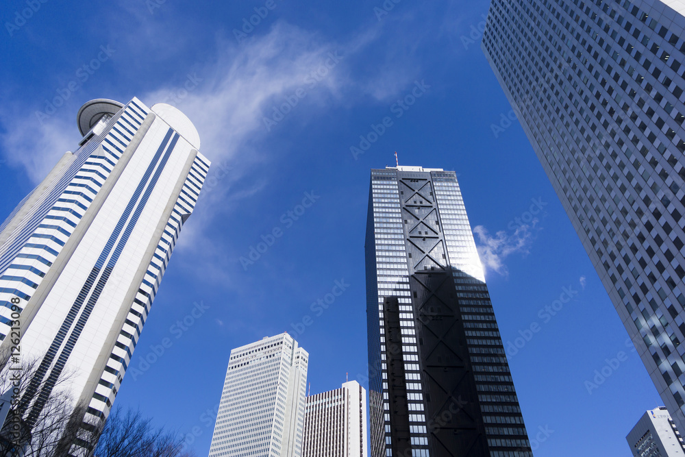 新宿高層ビル街　快晴　青空　見上げる　コピースペース