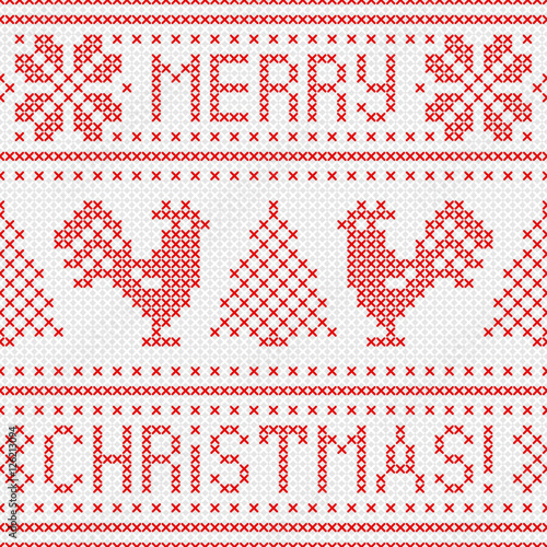 Embroidery Christmas card with cross stitch embroidered roosters.