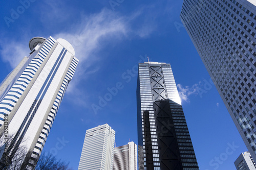 新宿高層ビル街 快晴 青空 見上げる コピースペース