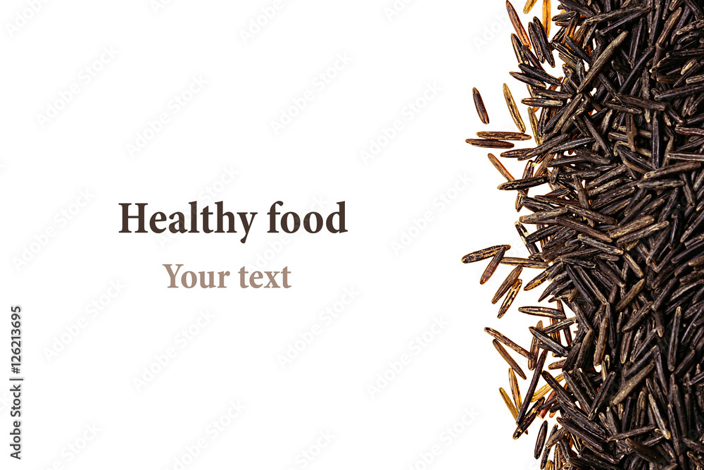 Border of black rice close-up on white background. Isolated. Decorative ...