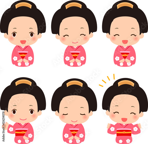 日本髪、着物の女性のイラストセット