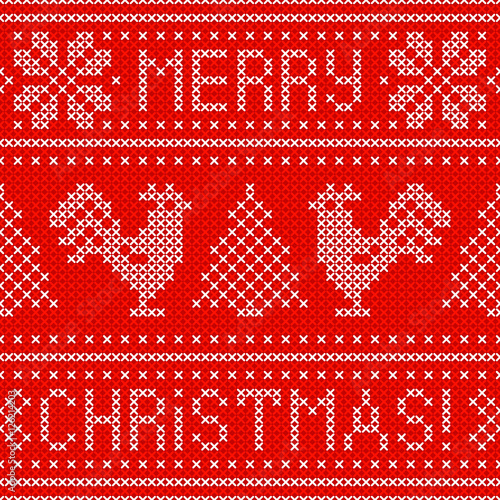 Embroidery Christmas card with cross stitch embroidered roosters.