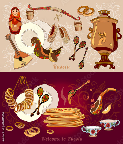Welcome to Russia banner. Traditional Russian cuisine