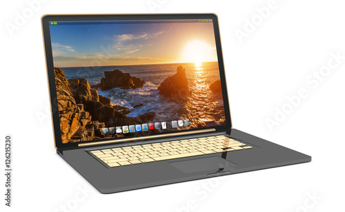 Modern black laptop on white background 3D rendering