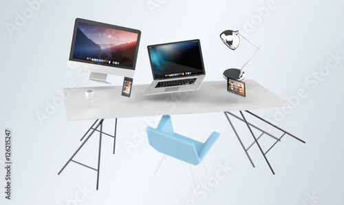 3D rendering flying workplace with laptop phone and tablet