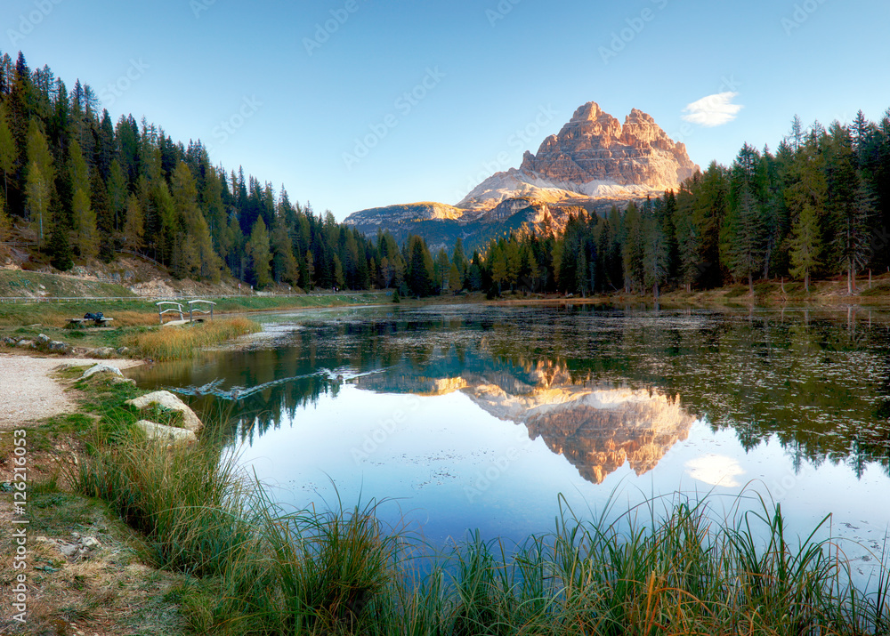 Lake mountain landcape with Alps  peak reflection, Lago Antorno,