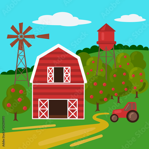 Farm landscape with barn tractor and windmill