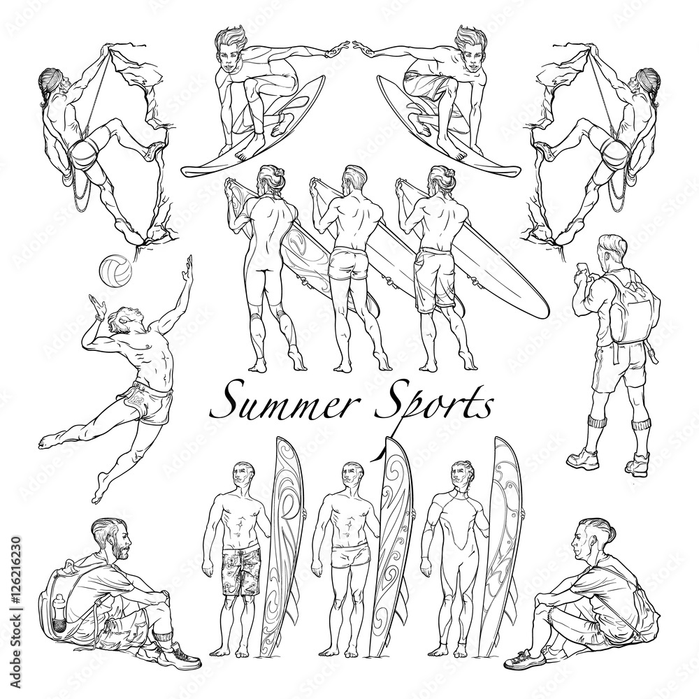 Summer activities. Set of 14 hiking, surfing, beach volleyball playing and rock climbing male figures. Black lines sketch isolated on white background. EPS10 vector illustration.