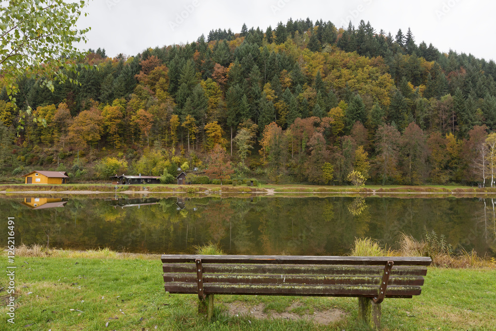 Bench in a beautiful autumn background with reflection of colourful trees in Black Forest, Germany