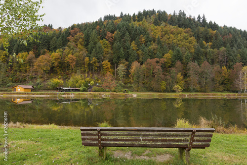 Bench in a beautiful autumn background with reflection of colourful trees in Black Forest, Germany