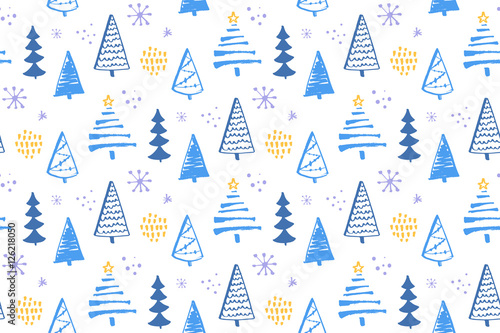 Winter forest seamless pattern with hand drawn christmas trees. Vector background for wrapping paper and christmas designs