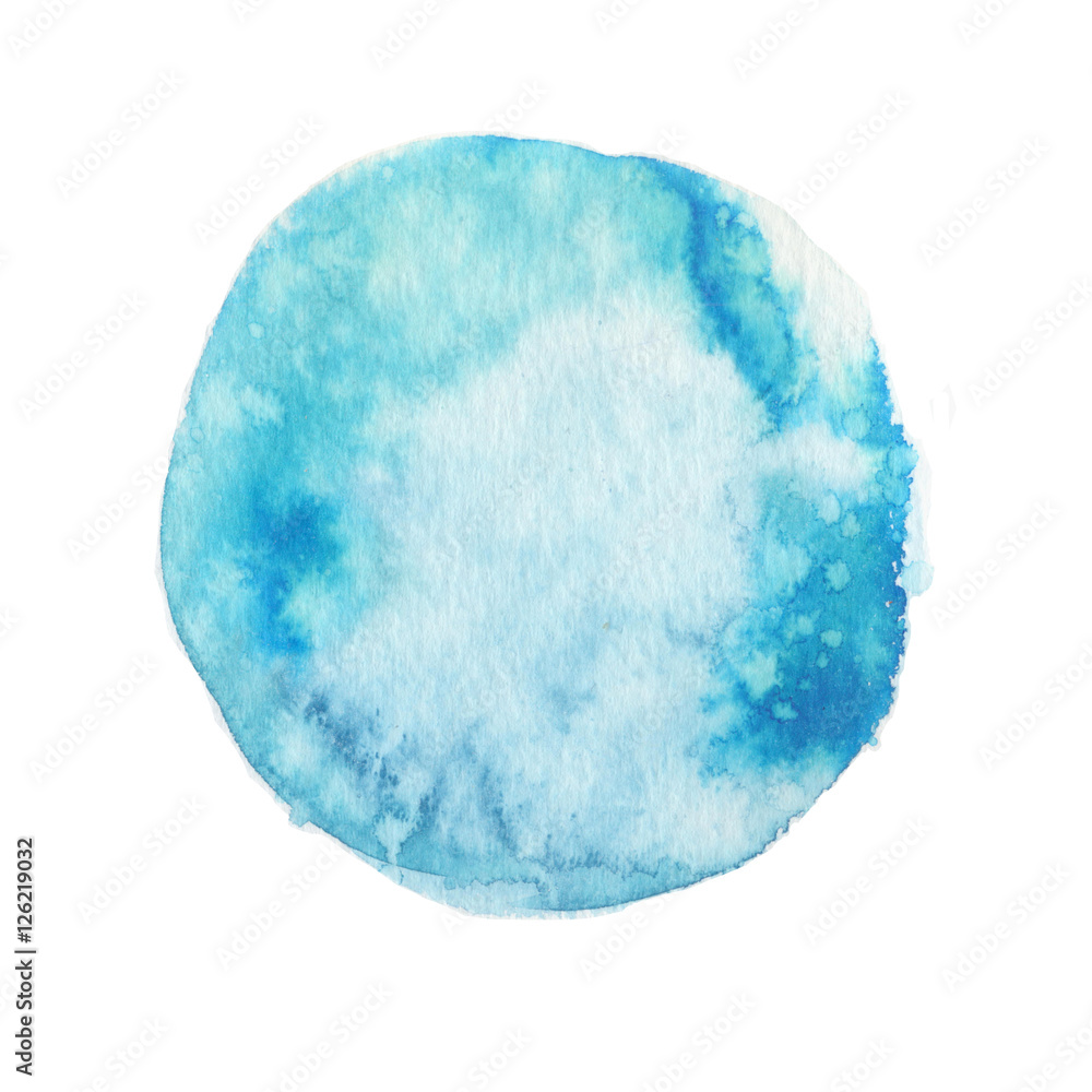 Large watercolor spot with paint texture isolated on white background. Saturated turquoise color. Hand drawn background for logo, banner and print design.