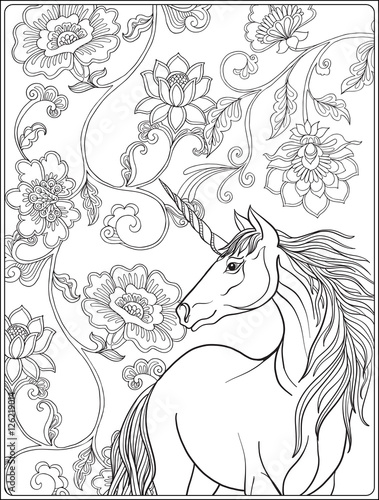 Unicorn in magical garden.