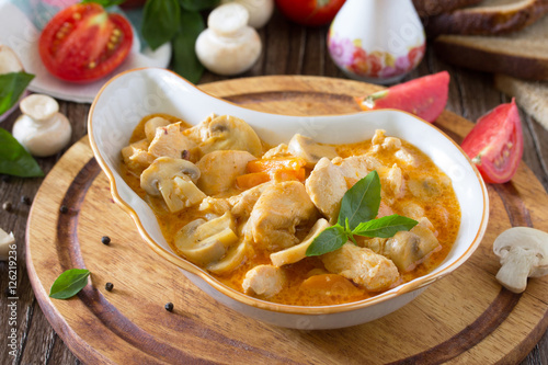 Traditional hot ragout with meat and mushrooms (chicken, mushroo photo
