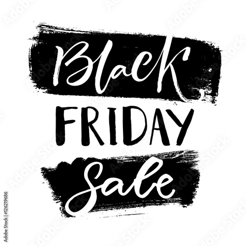 Black friday sale banner with handwritten text on grunge black ink stains. Vector label.