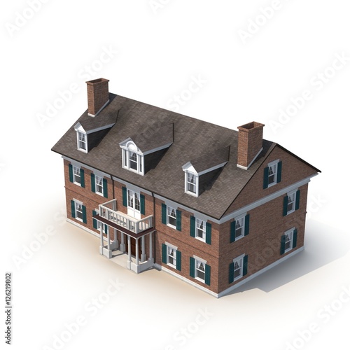 Classic colonial brick house isolated on white. 3D illustration