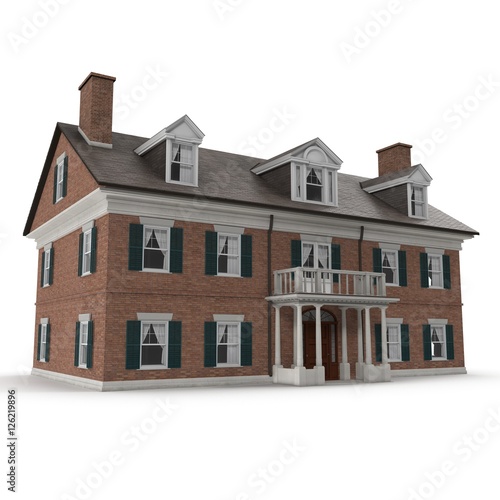 Derby House, historic colonial building on white. 3D illustration