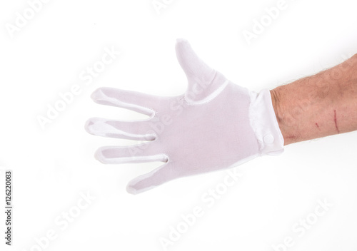 Photo gloved hand in pointing gesture