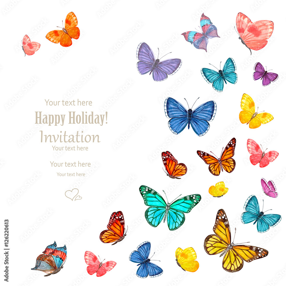 invitation card with lovely flying butterflies on white backgrou