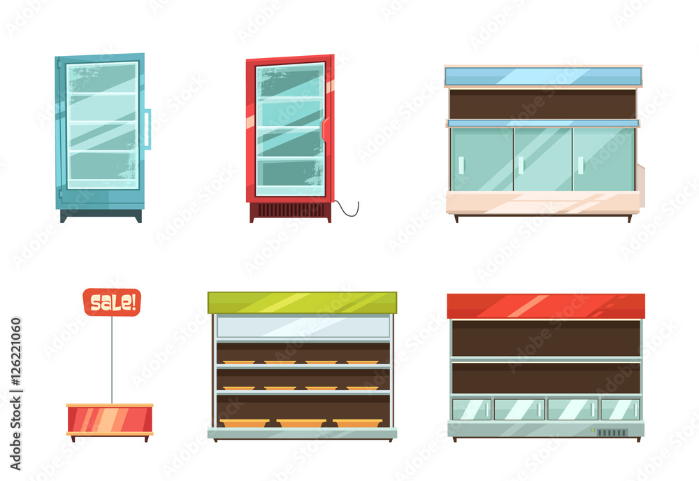 Supermarket Displays Racks Shelves Icons Set