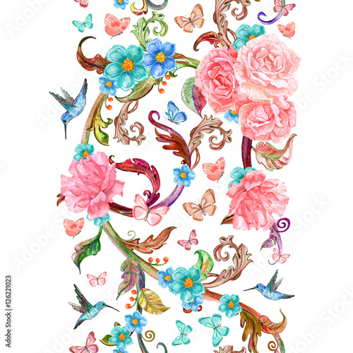 vertical floral seamless border for your design. watercolor pain