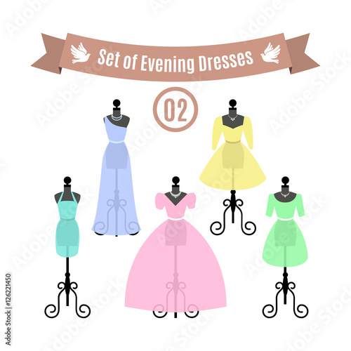 Set of Evening Dresses. Vintage dresses on mannequins. Vector.