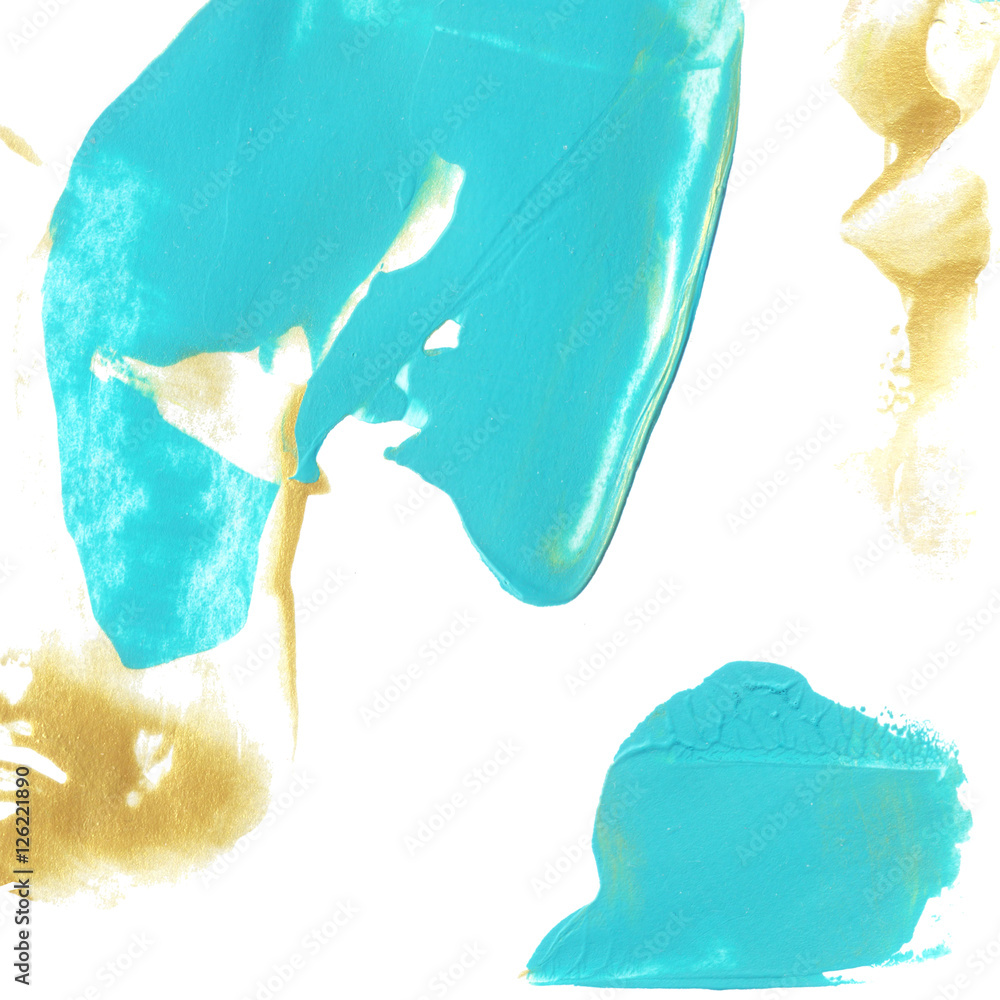 Blue and gold paint stains on white background. Bright creative texture