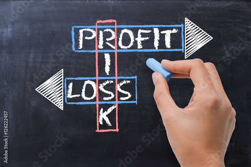 Foto Risk, profit and loss crossword on blackboard