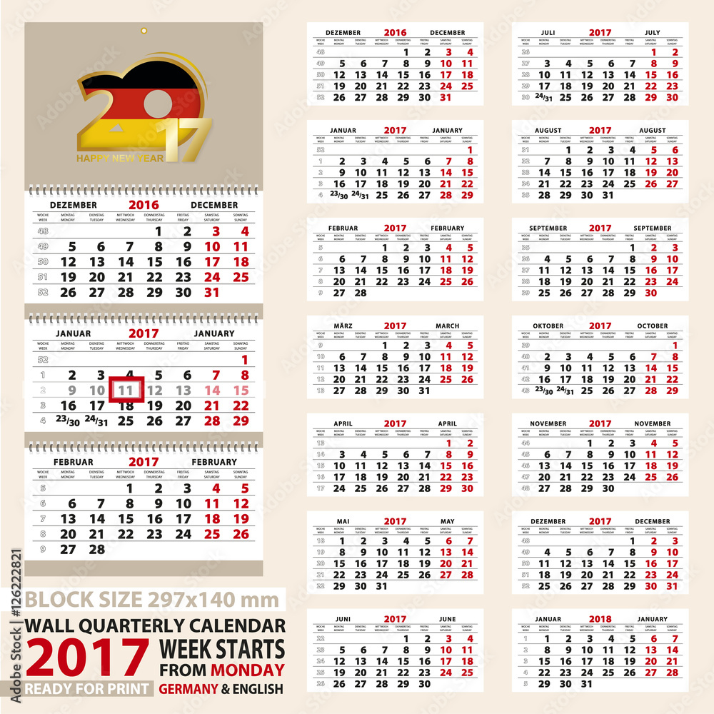 Wall Calendar 17 German And English Language Week Start From Monday Size Block Size 297x140 Mm Vector Illustration Stock Vector Adobe Stock