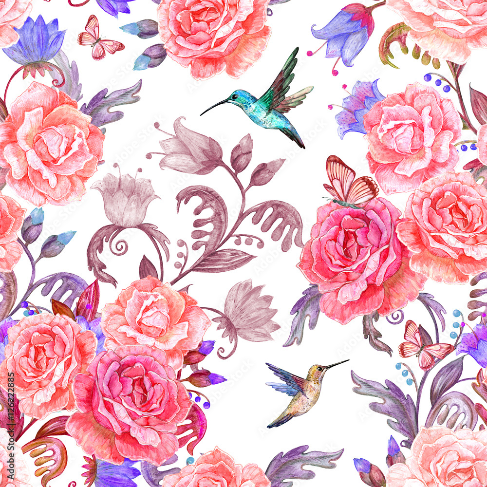 Obraz premium seamless texture with bouquet of lovely roses and flying humming